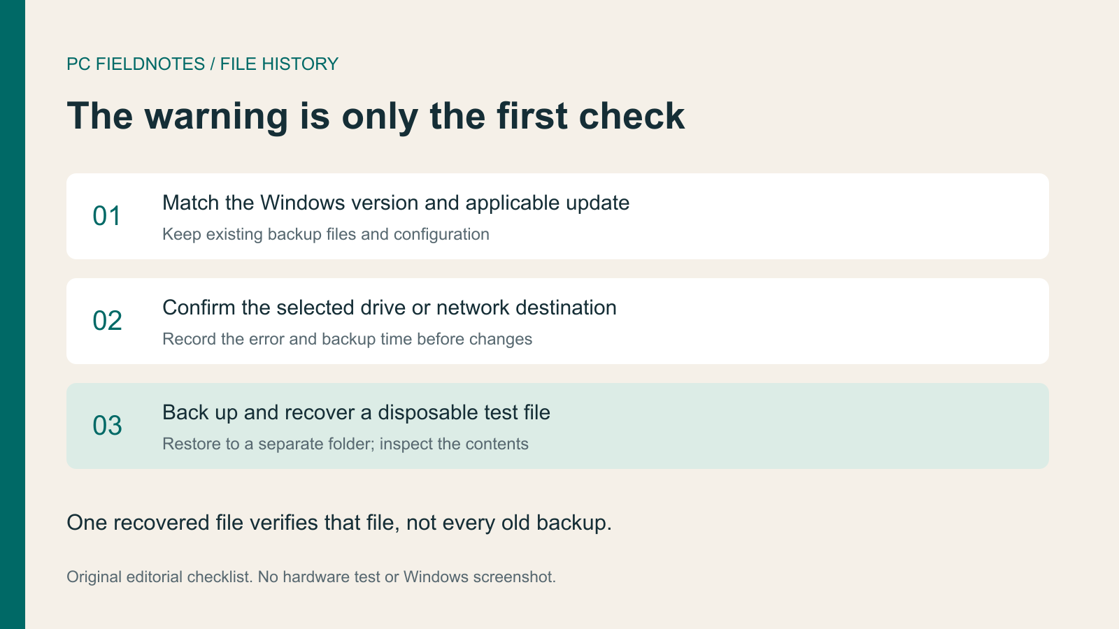 File History checklist: match update, confirm destination, and recover a disposable test file to a separate folder