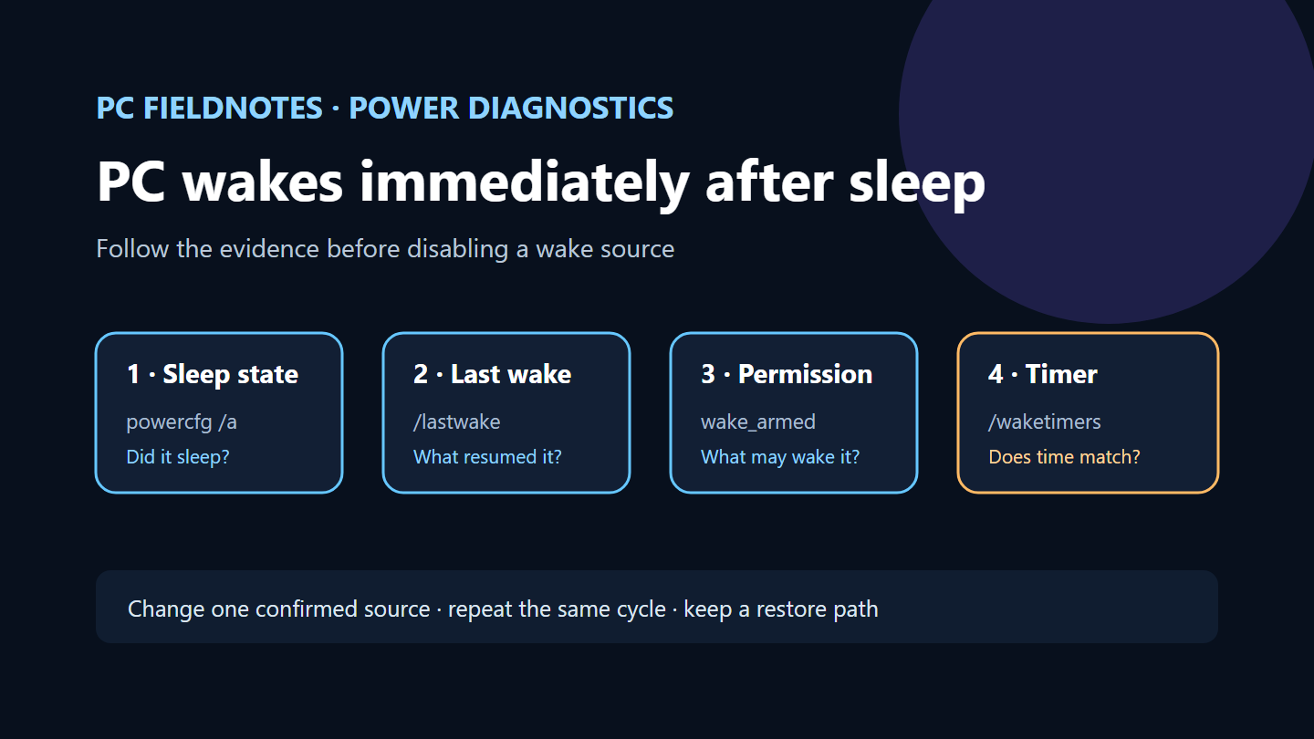 Four-step evidence path for a Windows 11 PC that wakes immediately after sleep
