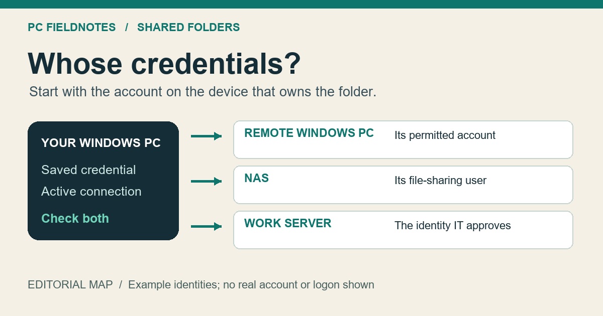 Editorial account map connecting a Windows client to the account on the remote Windows PC, NAS, or organization server