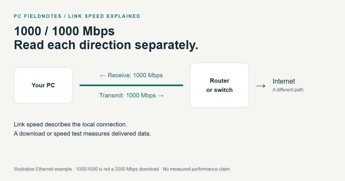 Ethernet receive and transmit are each labelled 1000 Mbps between a PC and its router or switch, with internet shown as a separate path